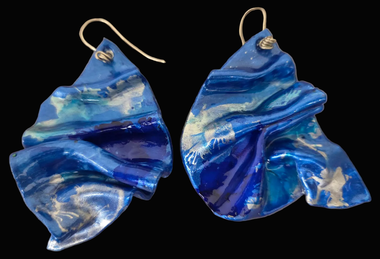 Blue & Silver Alcohol Ink Hand Sculpted Artisan Pierced Earrings
