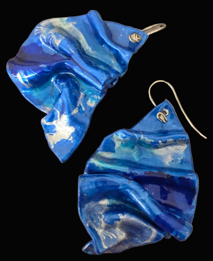 Blue & Silver Alcohol Ink Hand Sculpted Artisan Pierced Earrings