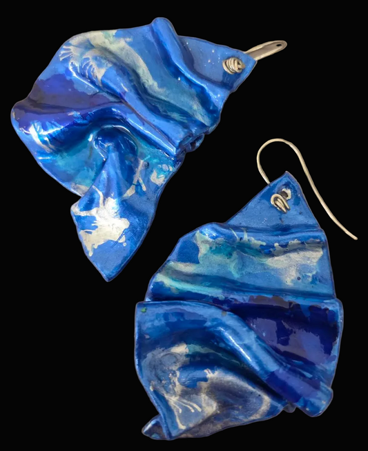 Blue & Silver Alcohol Ink Hand Sculpted Artisan Pierced Earrings