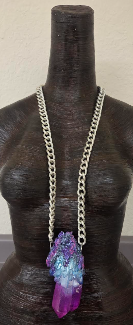 Aura Quartz Gemstone Pendant Set with Bold Textured Chains - Unisex