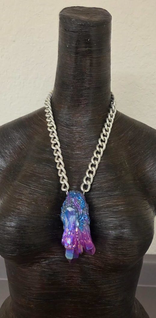 Aura Quartz Gemstone Pendant Set with Bold Textured Chains - Unisex