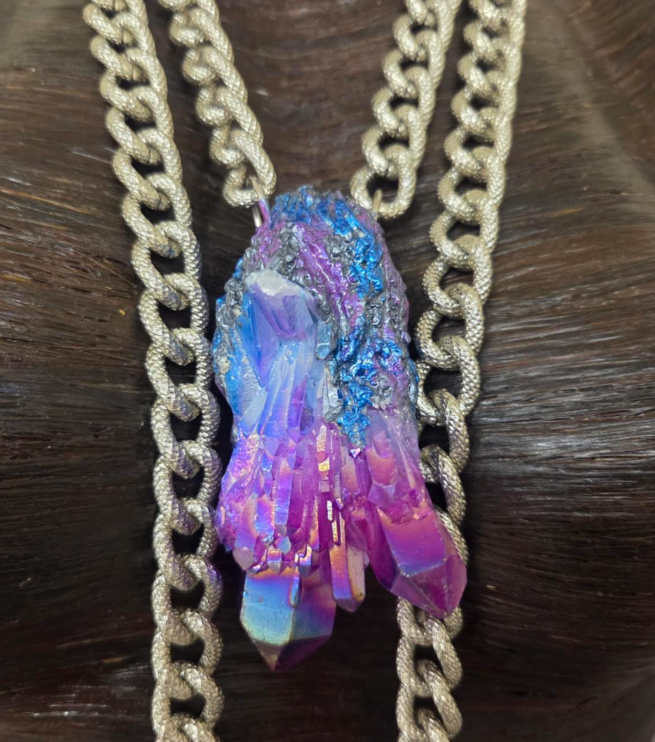 Aura Quartz Gemstone Pendant Set with Bold Textured Chains - Unisex