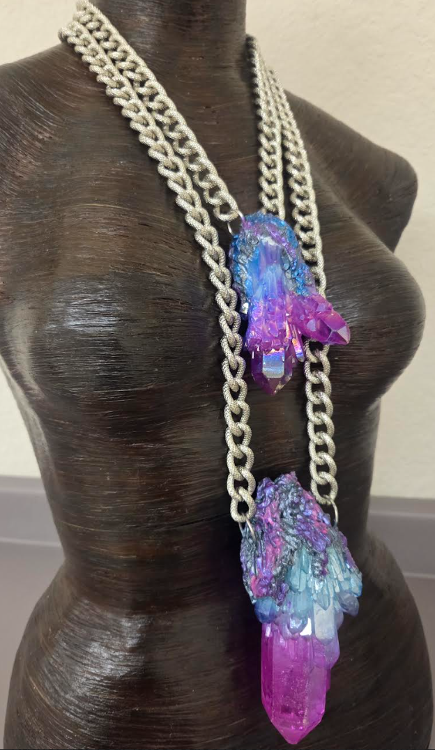 Aura Quartz Gemstone Pendant Set with Bold Textured Chains - Unisex