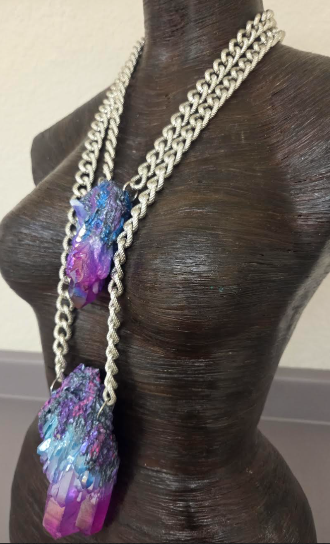 Aura Quartz Gemstone Pendant Set with Bold Textured Chains - Unisex