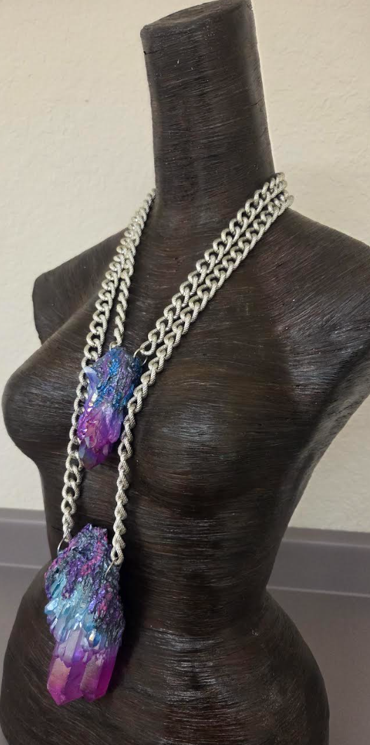 Aura Quartz Gemstone Pendant Set with Bold Textured Chains - Unisex