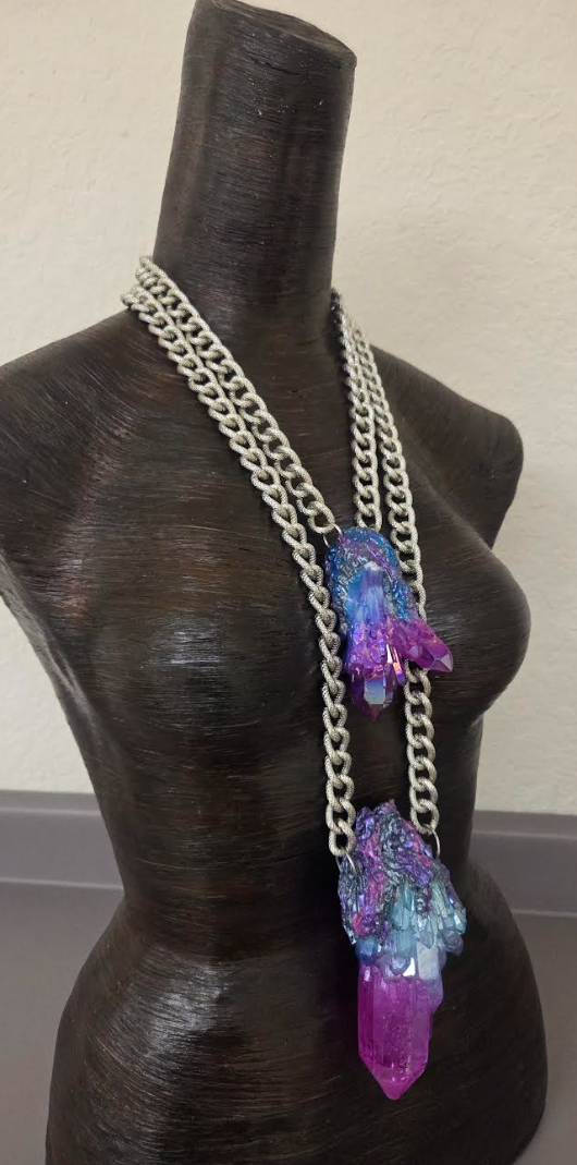 Aura Quartz Gemstone Pendant Set with Bold Textured Chains - Unisex
