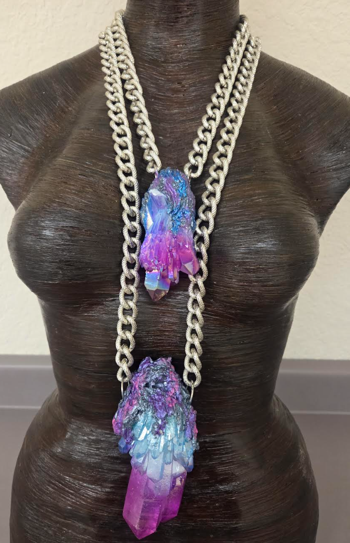 Aura Quartz Gemstone Pendant Set with Bold Textured Chains - Unisex