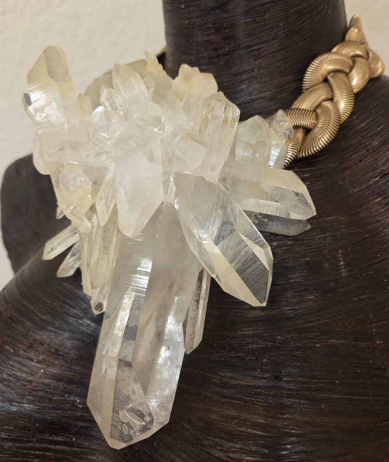 High End Gemmy Quartz Statement Necklace with a Gold Tone Vintage Chain