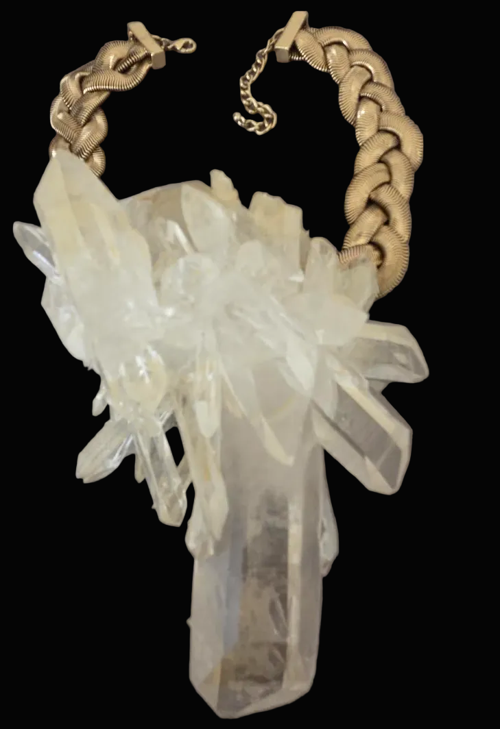 High End Gemmy Quartz Statement Necklace with a Gold Tone Vintage Chain