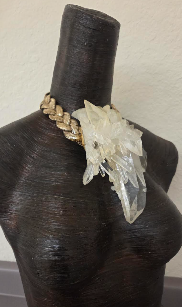 High End Gemmy Quartz Statement Necklace with a Gold Tone Vintage Chain
