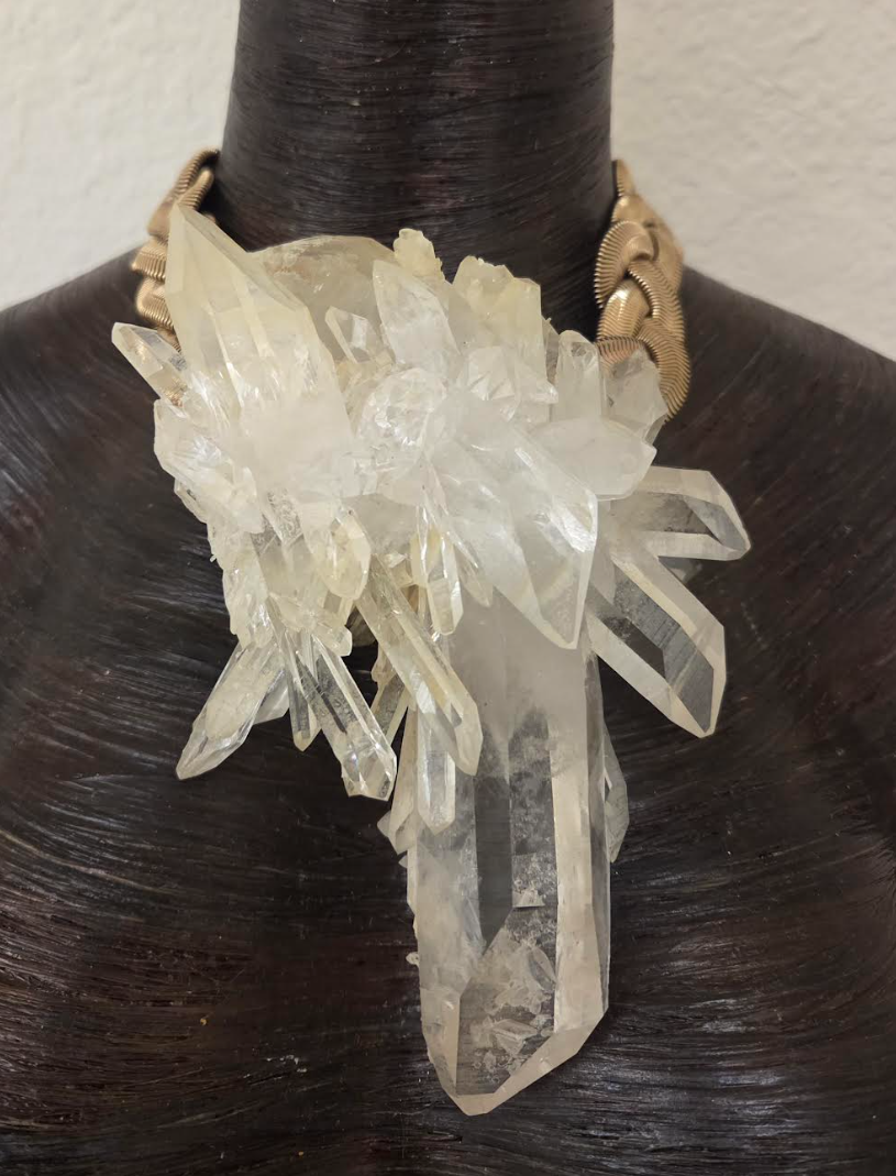 High End Gemmy Quartz Statement Necklace with a Gold Tone Vintage Chain