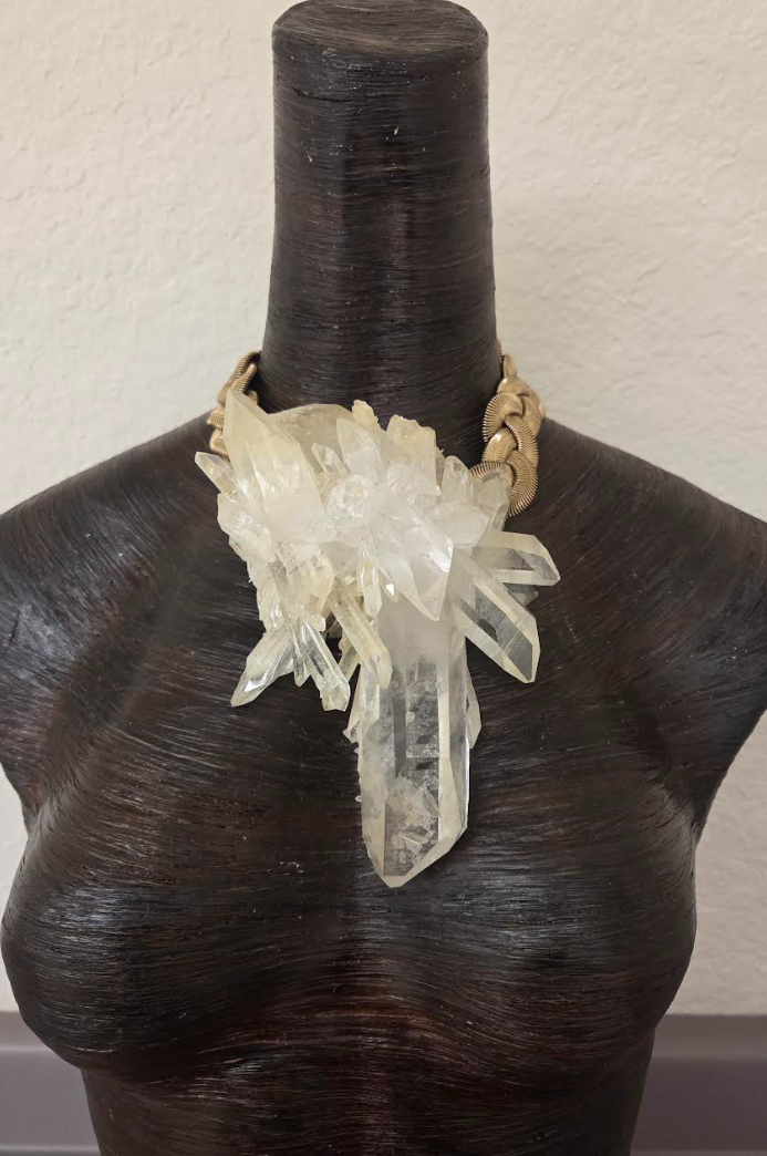 High End Gemmy Quartz Statement Necklace with a Gold Tone Vintage Chain