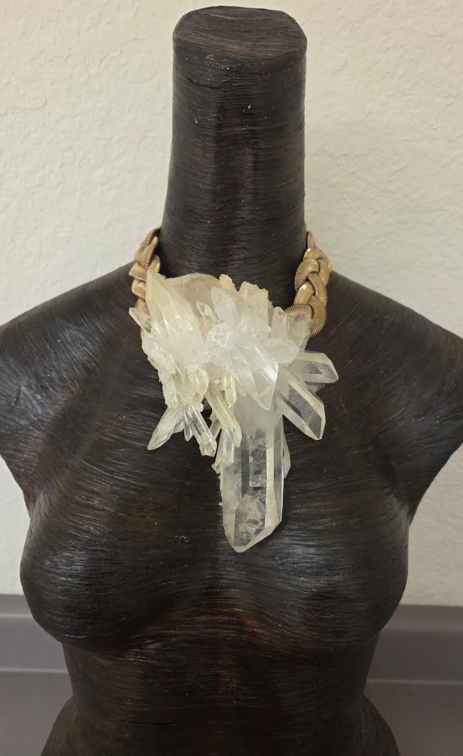 High End Gemmy Quartz Statement Necklace with a Gold Tone Vintage Chain