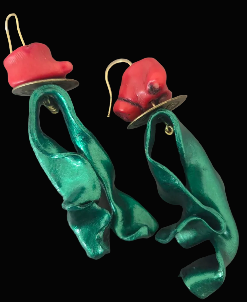Red Coral & Metallic Emerald Green Hand Sculpted Avant Garde Earrings
