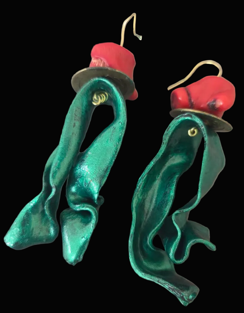 Red Coral & Metallic Emerald Green Hand Sculpted Avant Garde Earrings