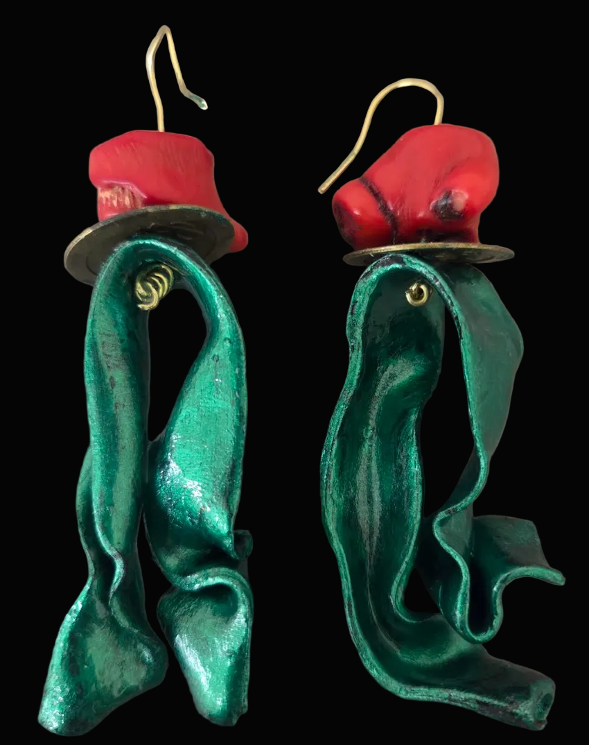 Red Coral & Metallic Emerald Green Hand Sculpted Avant Garde Earrings