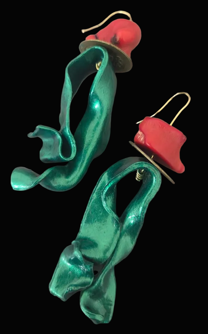 Red Coral & Metallic Emerald Green Hand Sculpted Avant Garde Earrings