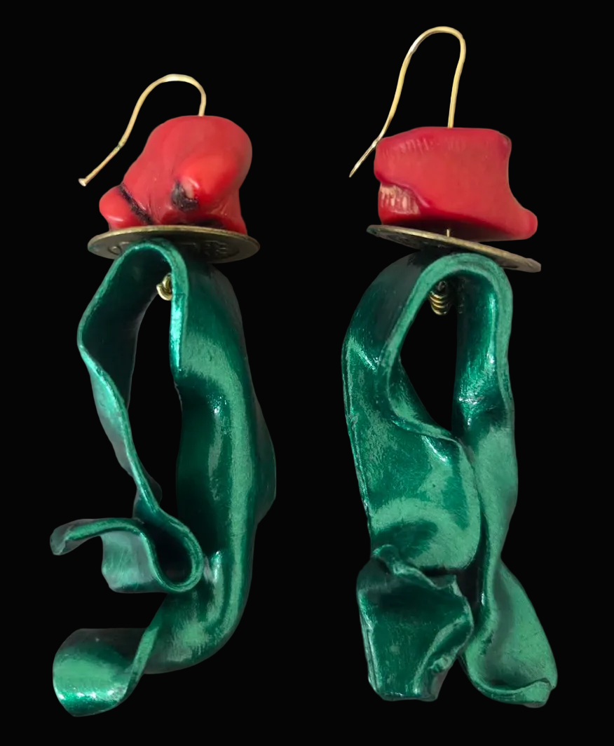 Red Coral & Metallic Emerald Green Hand Sculpted Avant Garde Earrings