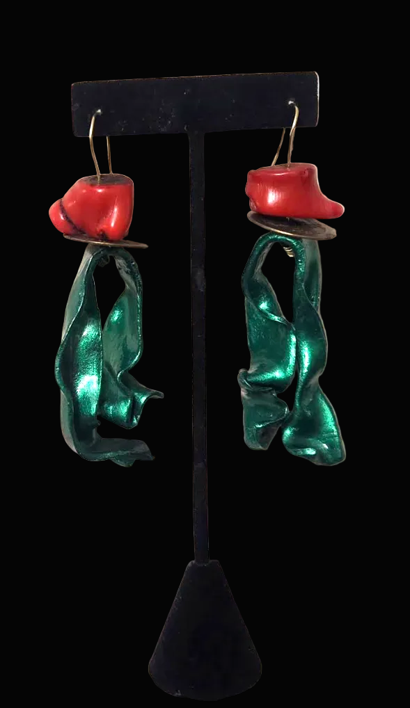 Red Coral & Metallic Emerald Green Hand Sculpted Avant Garde Earrings
