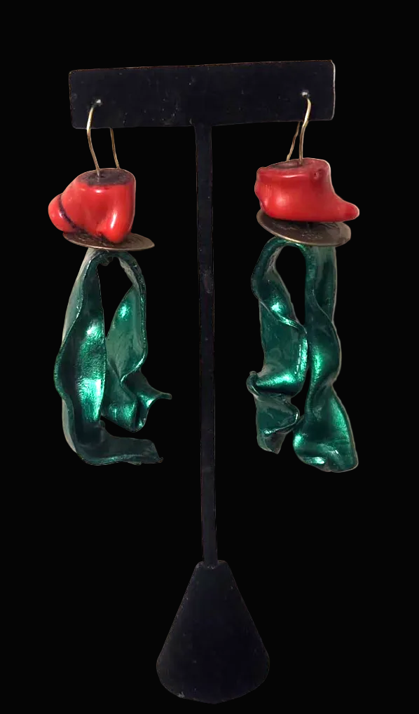 Red Coral & Metallic Emerald Green Hand Sculpted Avant Garde Earrings