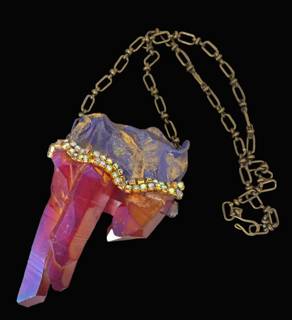 Rare Ruby Red Aura Quartz Sculpted Statement Talisman ~ Bronze Chain