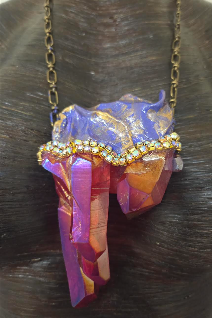 Rare Ruby Red Aura Quartz Sculpted Statement Talisman ~ Bronze Chain