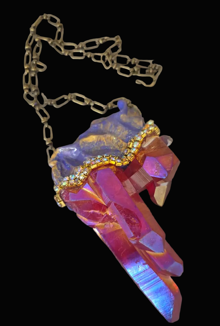 Rare Ruby Red Aura Quartz Sculpted Statement Talisman ~ Bronze Chain