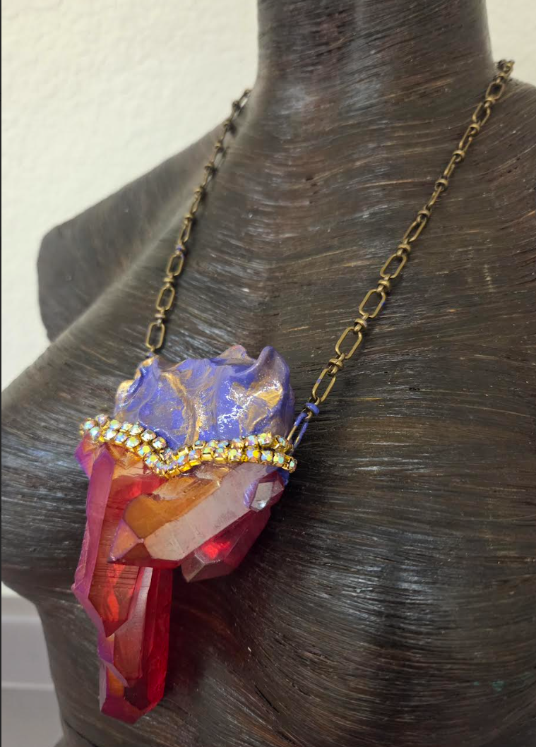 Rare Ruby Red Aura Quartz Sculpted Statement Talisman ~ Bronze Chain