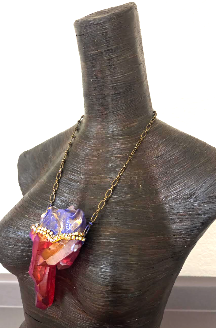 Rare Ruby Red Aura Quartz Sculpted Statement Talisman ~ Bronze Chain