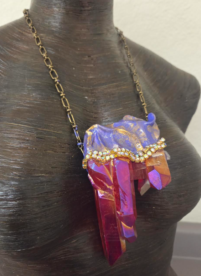 Rare Ruby Red Aura Quartz Sculpted Statement Talisman ~ Bronze Chain