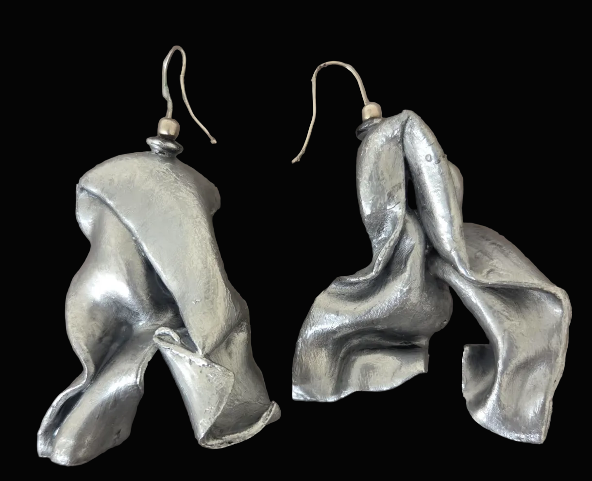 Faux Sterling Silver Sculpted Pierced Statement Earrings - Avant Garde