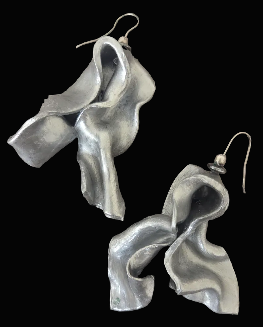 Faux Sterling Silver Sculpted Pierced Statement Earrings - Avant Garde