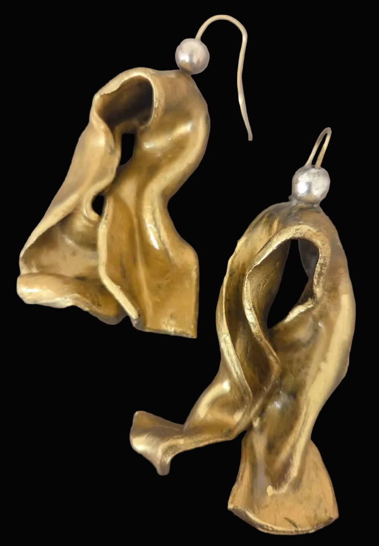 Hand Sculpted Faux Gold Metal Industrial Pierced Earrings - Dramatic