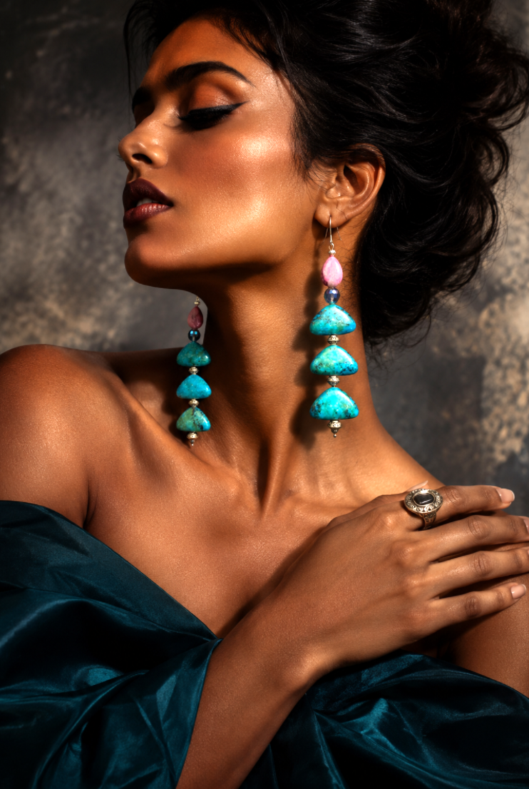 Chrysocolla Beaded Shoulder Dusters   Blue Green & Pink Exotic Long