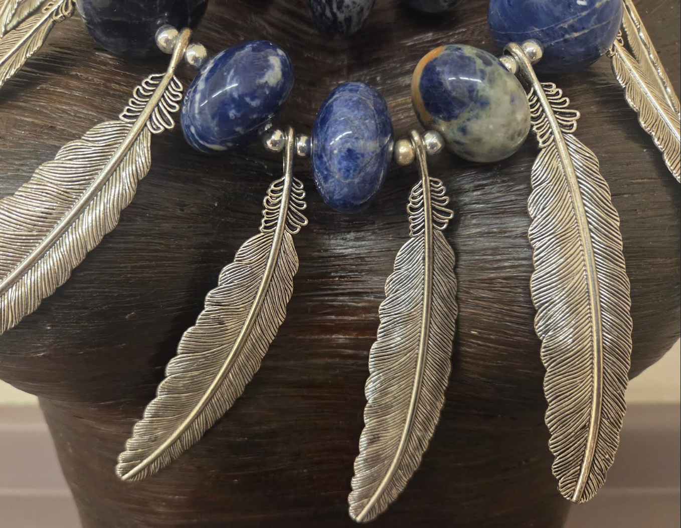 Sodalite Rondelle Bead & Silver Tone Metal Feather Unisex Chest Piece