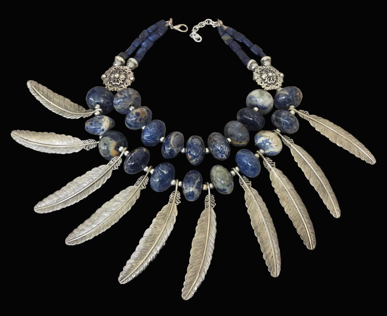 Sodalite Rondelle Bead & Silver Tone Metal Feather Unisex Chest Piece