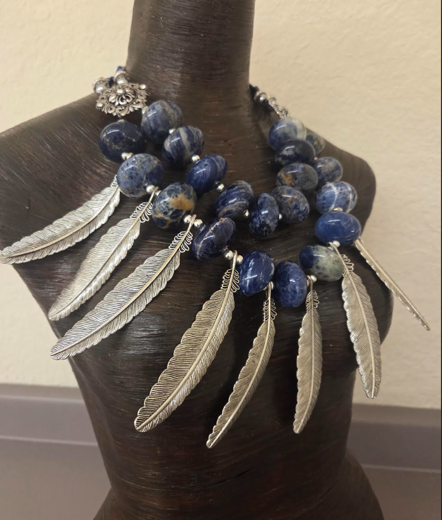 Sodalite Rondelle Bead & Silver Tone Metal Feather Unisex Chest Piece