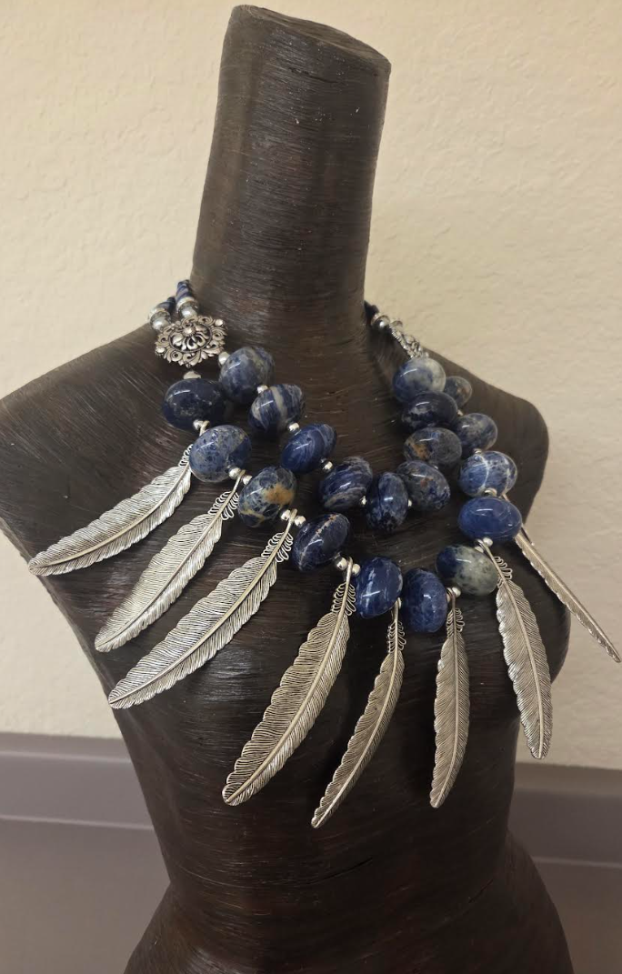 Sodalite Rondelle Bead & Silver Tone Metal Feather Unisex Chest Piece