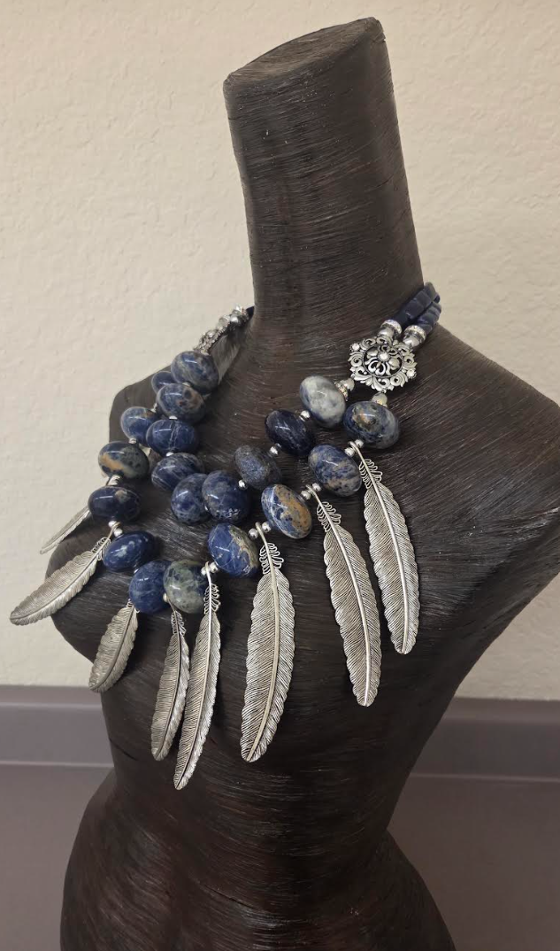 Sodalite Rondelle Bead & Silver Tone Metal Feather Unisex Chest Piece