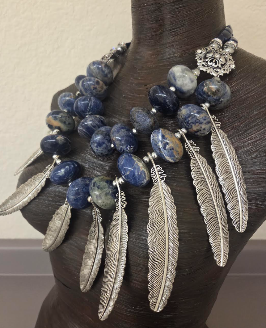 Sodalite Rondelle Bead & Silver Tone Metal Feather Unisex Chest Piece