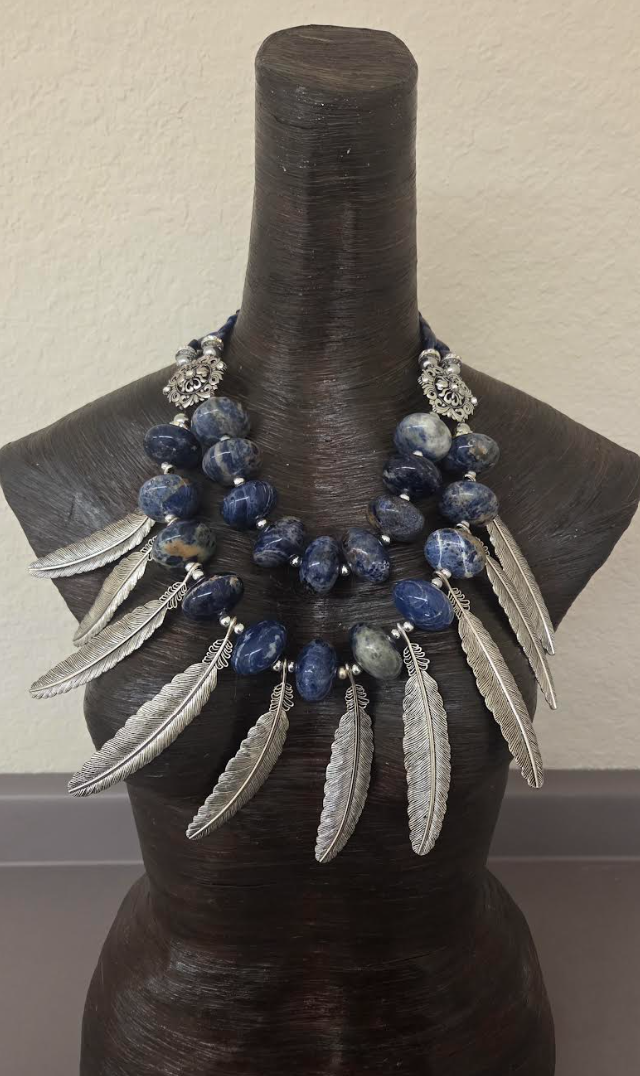 Sodalite Rondelle Bead & Silver Tone Metal Feather Unisex Chest Piece