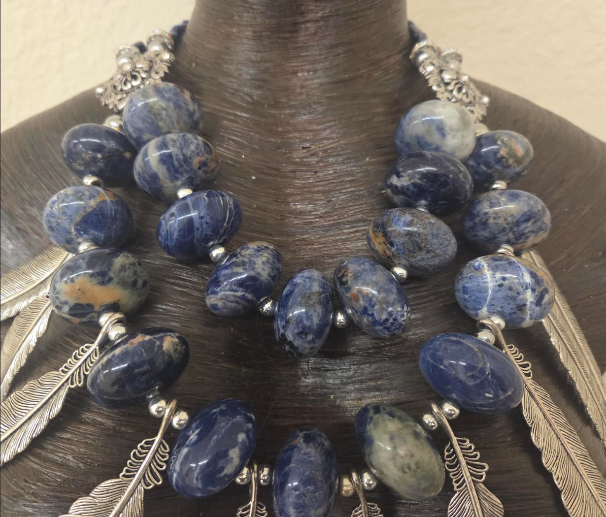 Sodalite Rondelle Bead & Silver Tone Metal Feather Unisex Chest Piece