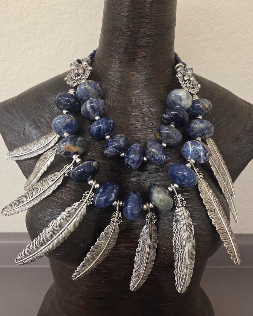 Sodalite Rondelle Bead & Silver Tone Metal Feather Unisex Chest Piece
