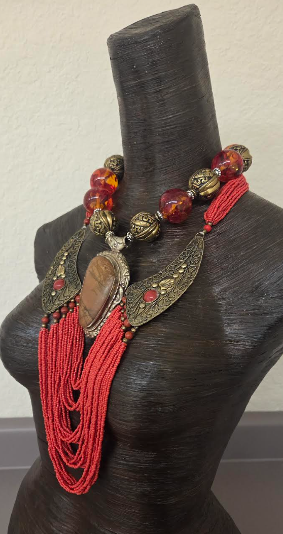Luxury Tibetan Tribal Red Orange Beaded Statement Necklace Set - OOAK