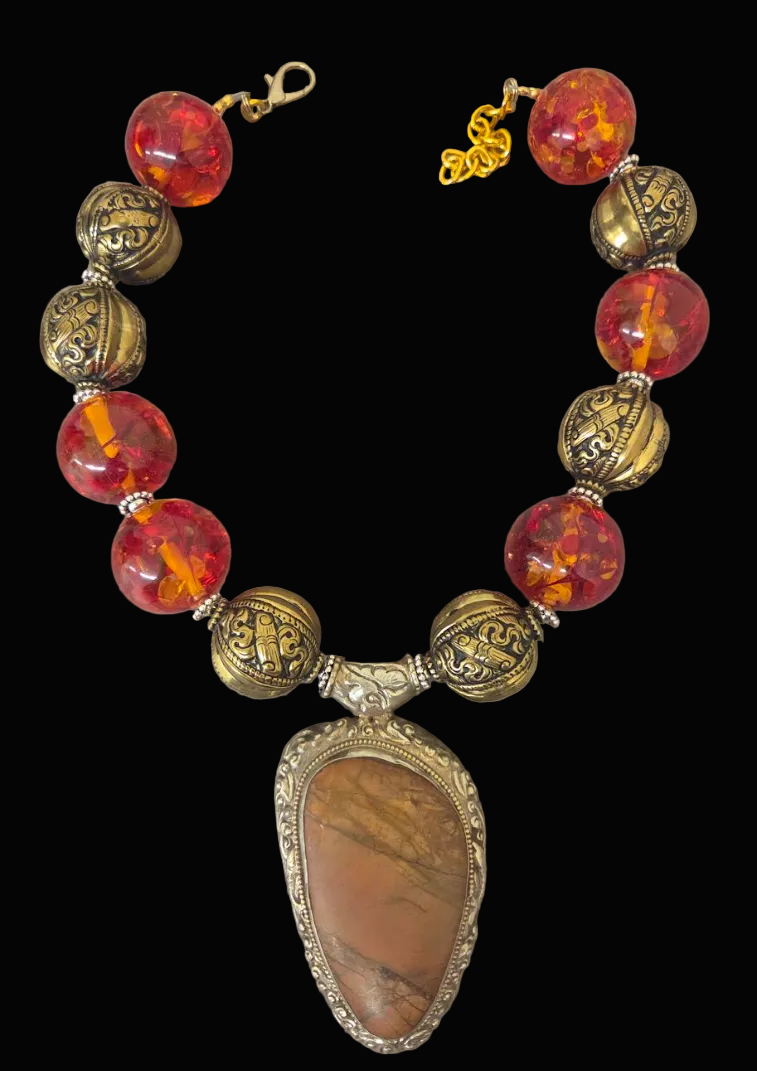 Luxury Tibetan Tribal Red Orange Beaded Statement Necklace Set - OOAK