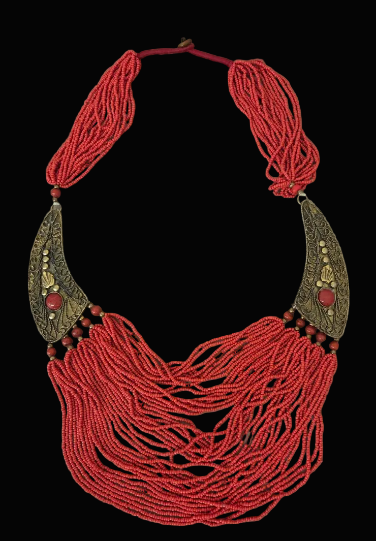 Luxury Tibetan Tribal Red Orange Beaded Statement Necklace Set - OOAK