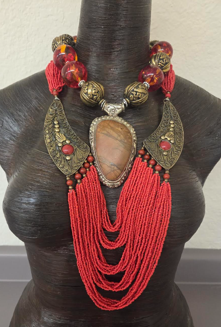 Luxury Tibetan Tribal Red Orange Beaded Statement Necklace Set - OOAK