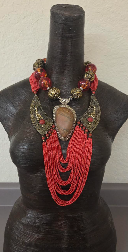 Luxury Tibetan Tribal Red Orange Beaded Statement Necklace Set - OOAK