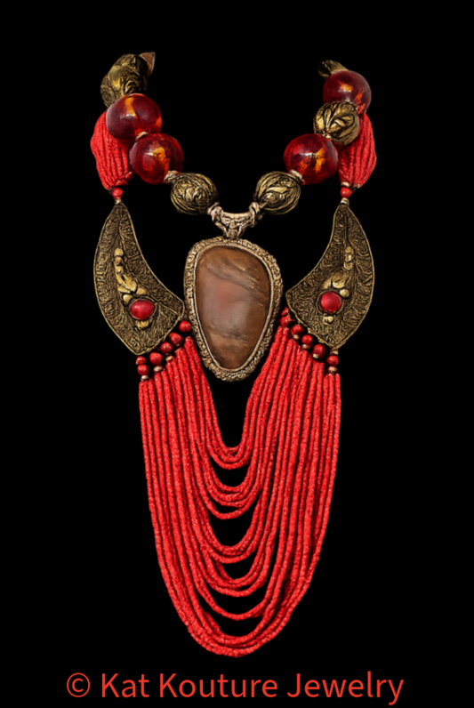 Luxury Tibetan Tribal Red Orange Beaded Statement Necklace Set - OOAK