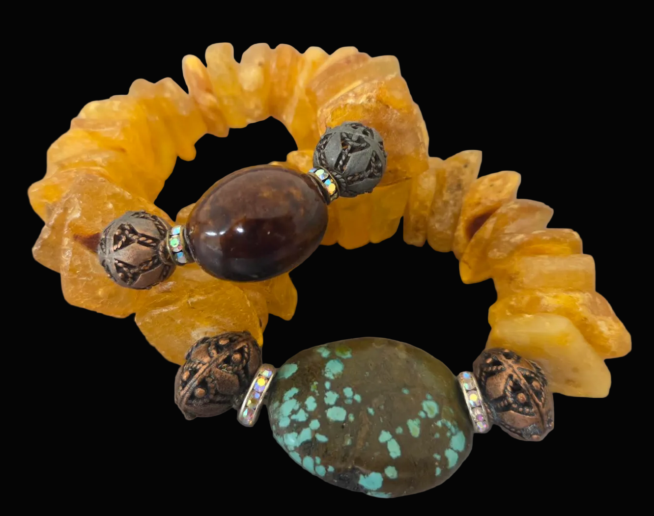 Mexican Amber, Copper Filigree & Hubei Turquoise Luxury Stretch Bracelet